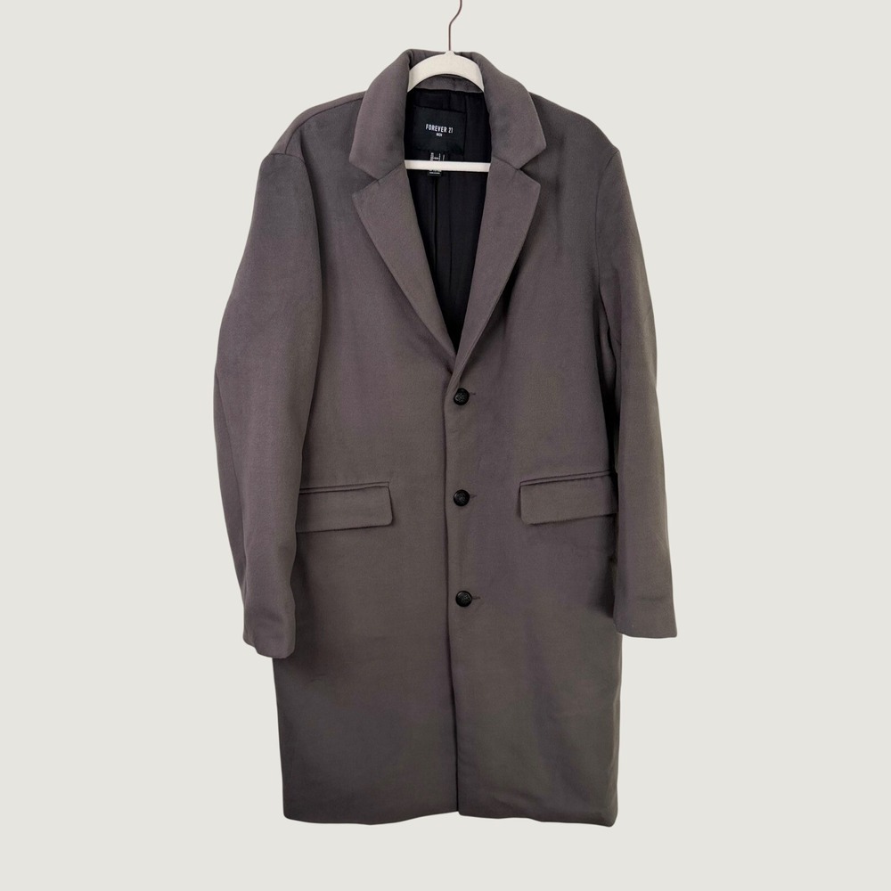 Forever 21 Men Soft Gray Long Trench Overcoat Jacket Size Large Crest Buttons